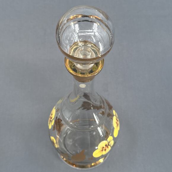 VTG Wine Decanter 15 Floral Hand Painted Romanian Crystal Gold Yellow MCM Carafe - Picture 5 of 16
